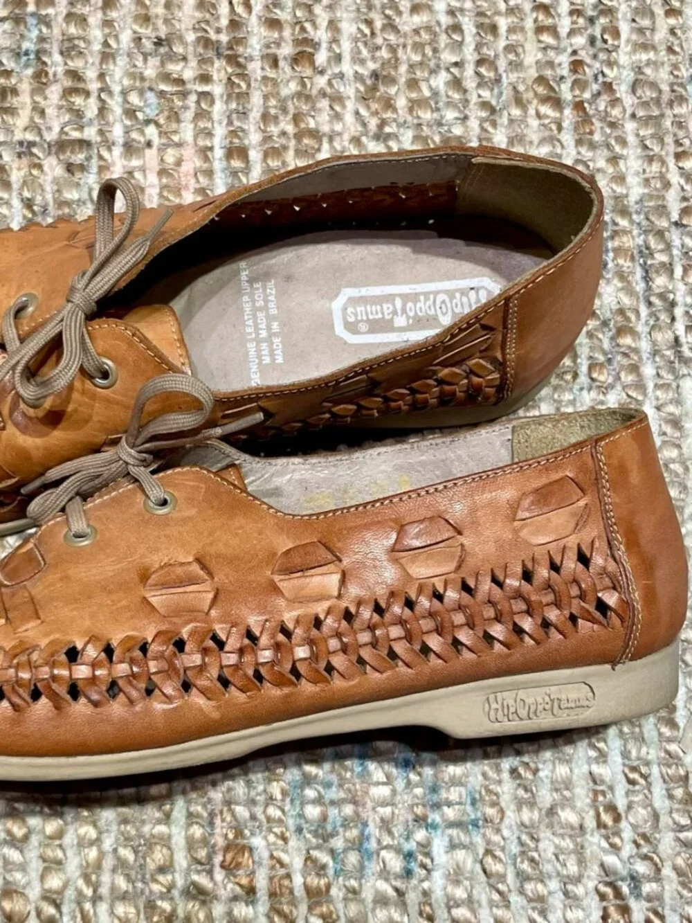 HipOppoTamus Vintage Tan Woven Leather Lace Huarache Oxfords Hand Made in Brazil